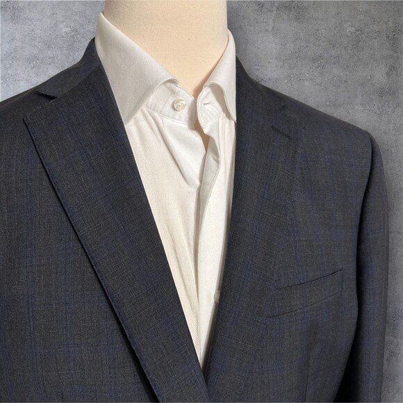 CALVIN KLEIN Men Blazer 46L Gray/Blue Wool Sport Coat 2-Button Jacket Windowpane - Picture 7 of 15